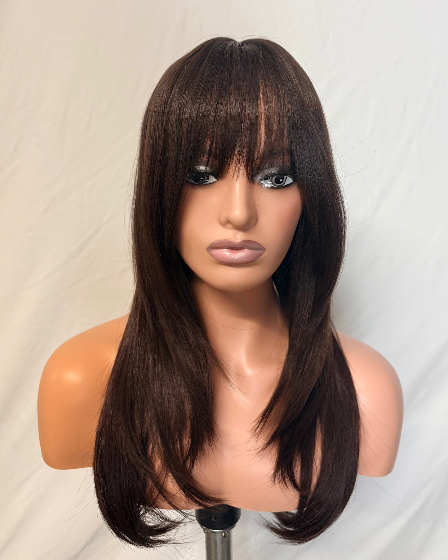 Talia – Long Straight Wig with Full Fringe, Dark Auburn