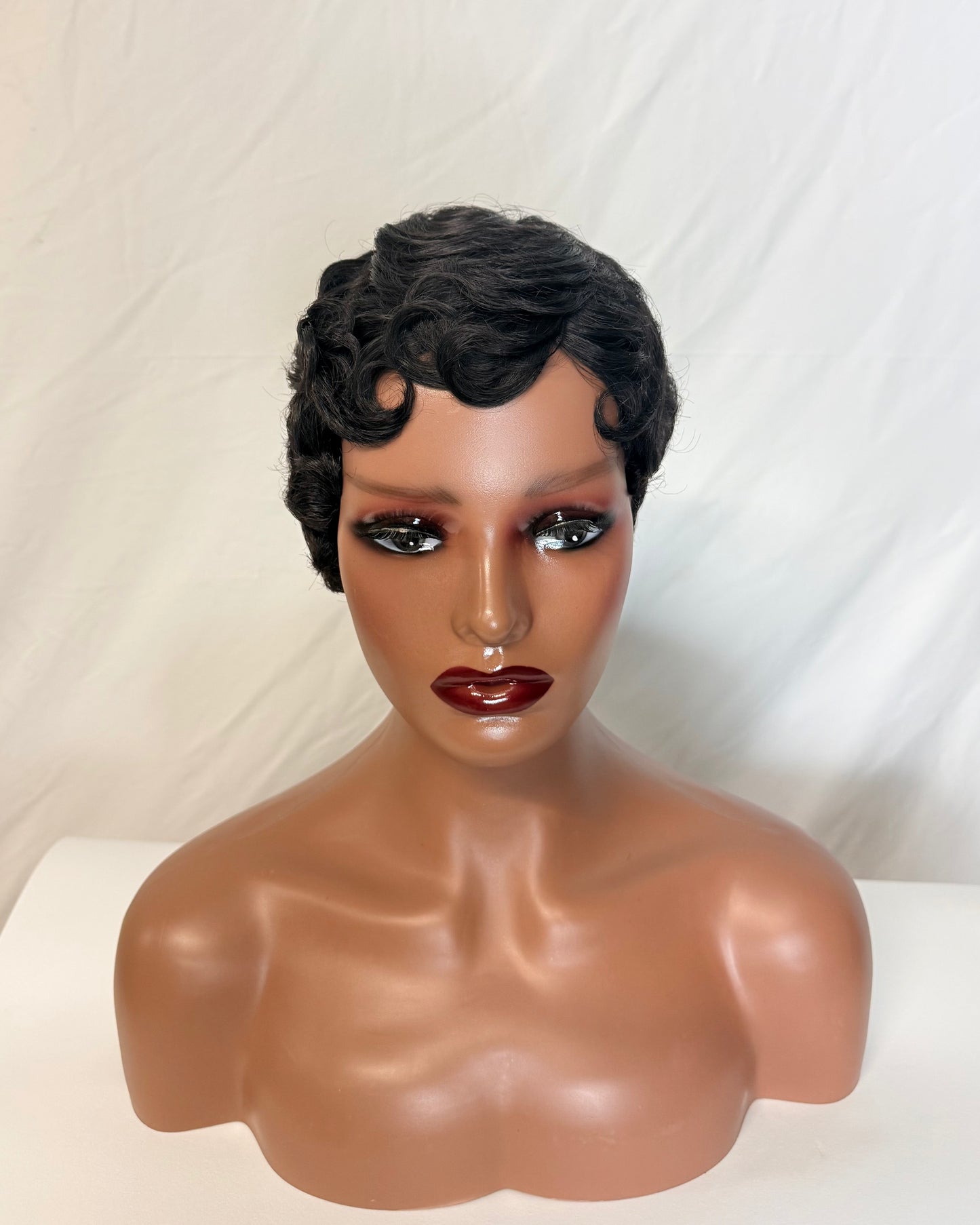 Vintage Curly Pixie Wig – Black Finger Wave Style (Synthetic)