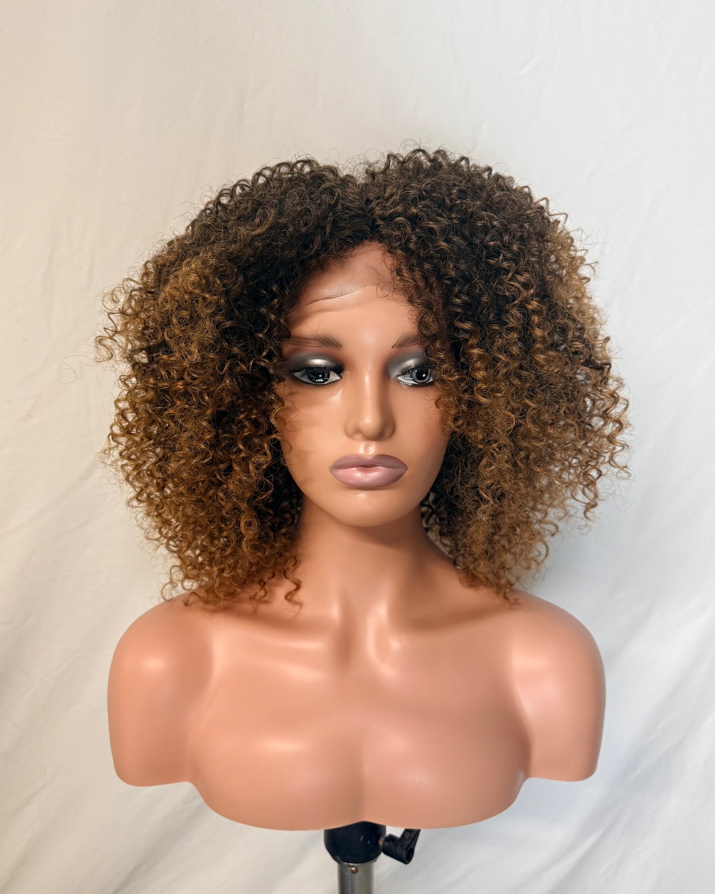 Curly Afro Wig with Caramel Highlights (Synthetic)