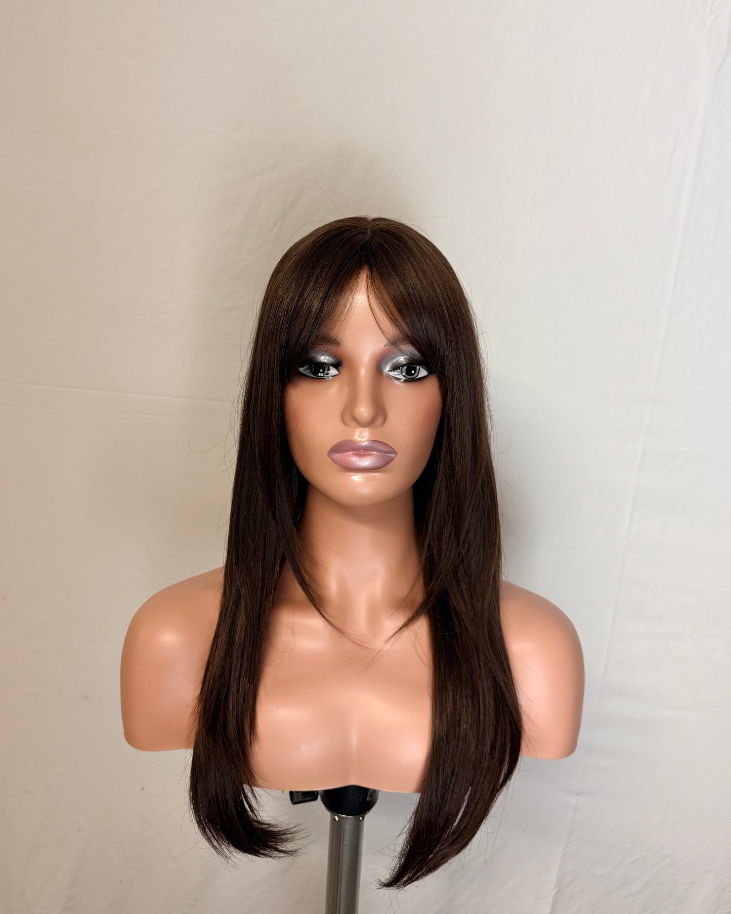 Long Straight Wig with Full Fringe – Dark Brown (Synthetic)