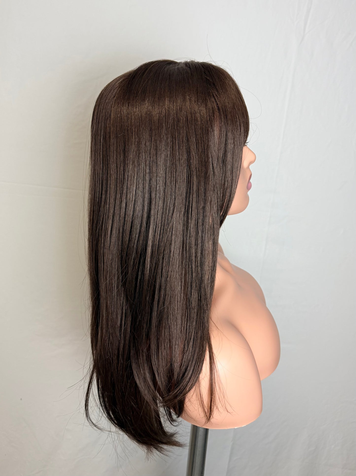 Long Straight Wig with Full Fringe – Dark Brown (Synthetic)