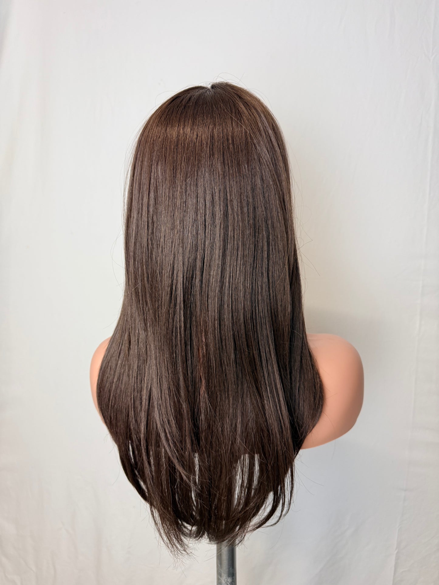 Long Straight Wig with Full Fringe – Dark Brown (Synthetic)
